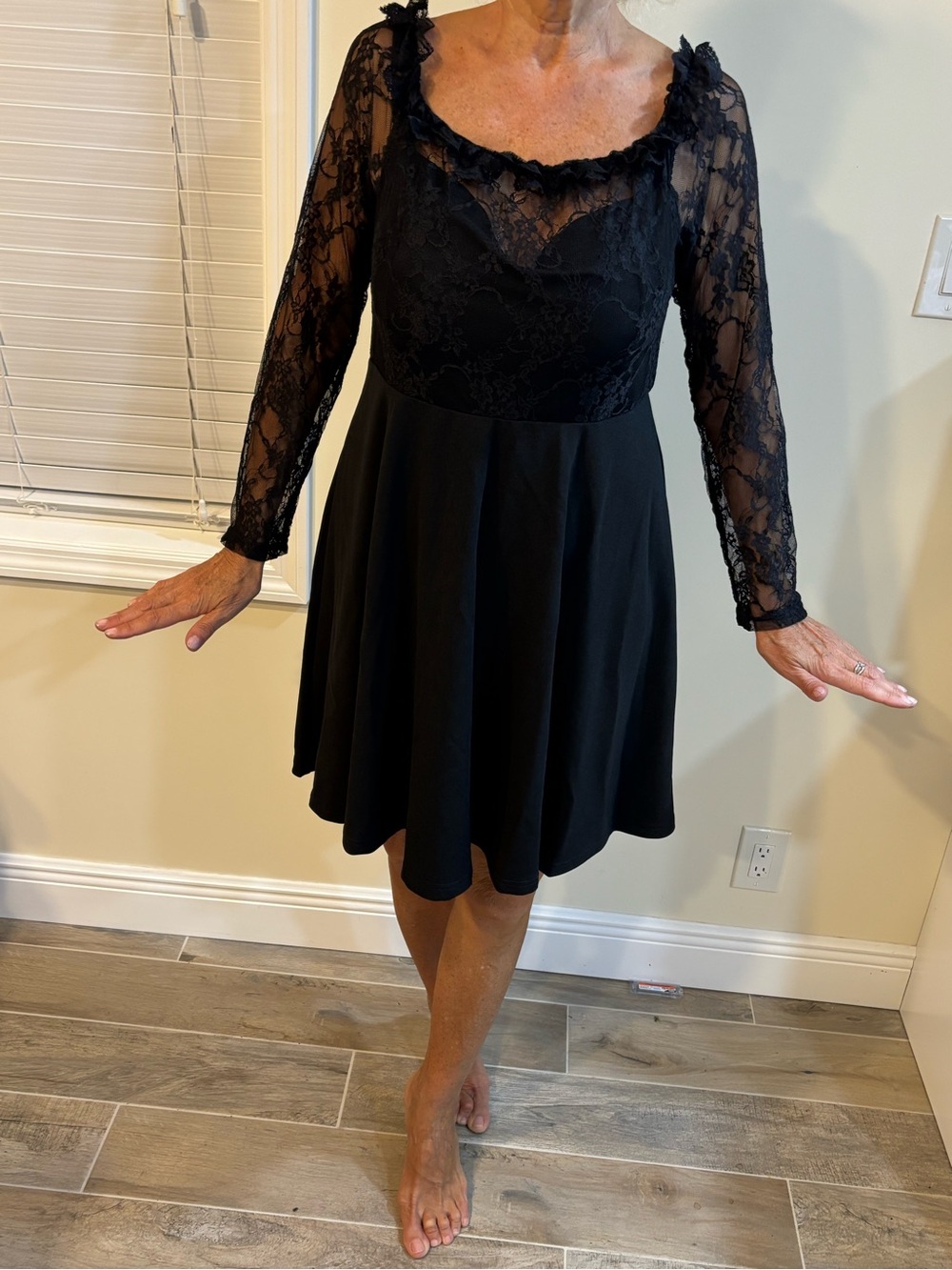 Black Lace Long-Sleeve Skater Dress